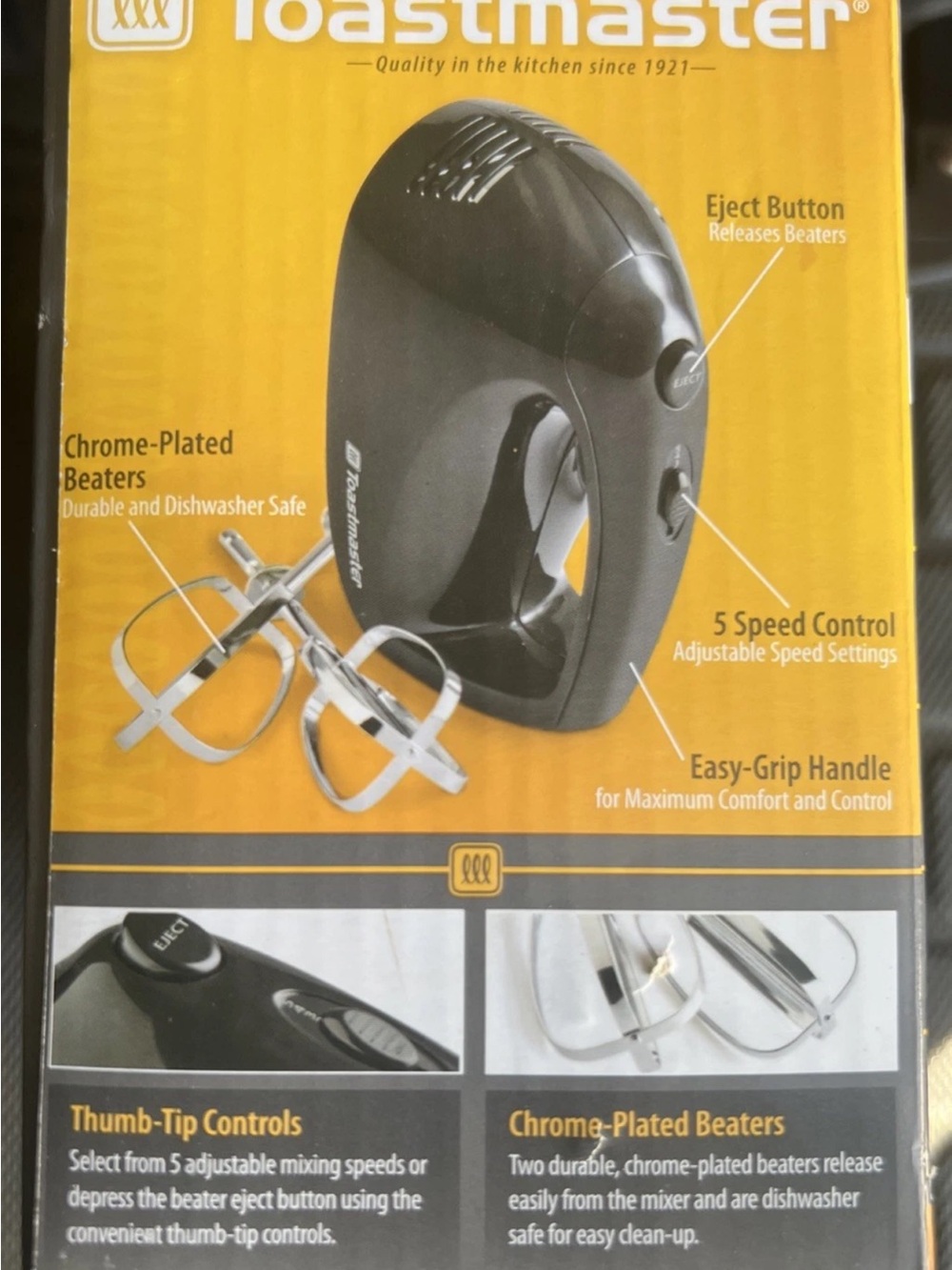 Toastmaster Black Hand Mixer with Chrome-Plated Beaters - New in Box